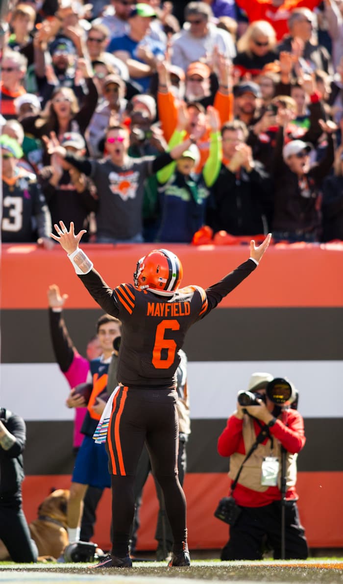 Browns quarterback Baker Mayfield celebrates a touchdown against the Seahawks, 2019. Mayfield found some success but couldn't become the next great starting quarterback for the franchise.